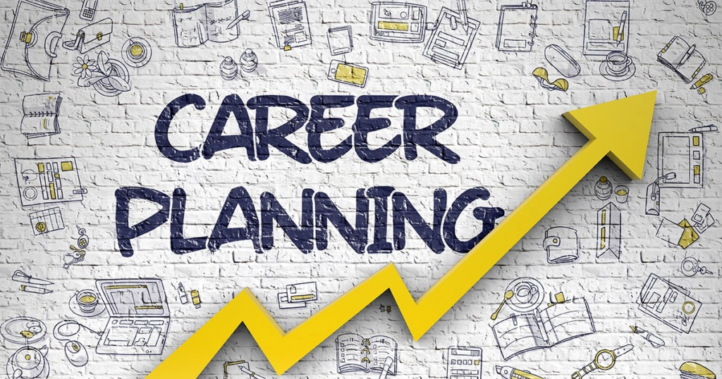 Career growth guide showing a professional planning goals, developing skills, exploring opportunities, and building a successful career path.