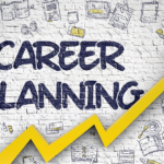 Career growth guide showing a professional planning goals, developing skills, exploring opportunities, and building a successful career path.